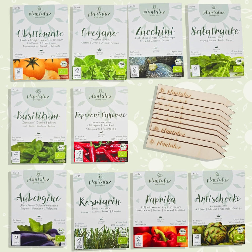 Set de semințe premium organice Plantaluz P04 – Set de semințe mediteraneene pentru legume și plante aromatice cu 10 soiuri pentru grădină, balcon și straturi înalte – incl. bețe de plantare FSC – Semințe organice cu polenizare liberă și fără OMG