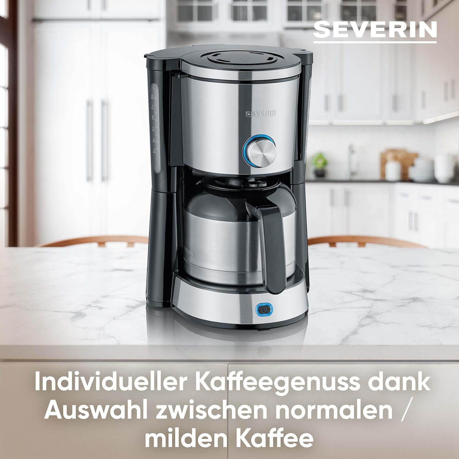 Espressor SEVERIN „TypeSwitch” cu carafă termică, AromaSwitch pentru alegerea între 2 profiluri de preparare, aparat de cafea pentru până la 10 cești, 1000W, oțel inoxidabil periat-negru, KA 4845