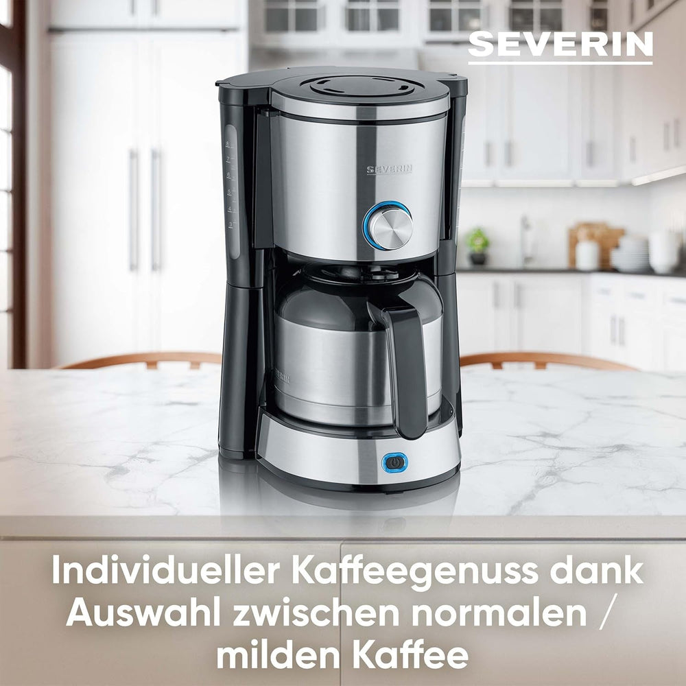 Espressor SEVERIN „TypeSwitch” cu carafă termică, AromaSwitch pentru alegerea între 2 profiluri de preparare, aparat de cafea pentru până la 10 cești, 1000W, oțel inoxidabil periat-negru, KA 4845