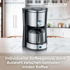 Espressor SEVERIN „TypeSwitch” cu carafă termică, AromaSwitch pentru alegerea între 2 profiluri de preparare, aparat de cafea pentru până la 10 cești, 1000W, oțel inoxidabil periat-negru, KA 4845