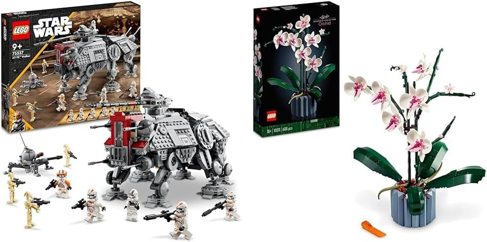 LEGO Star Wars At-Te Walker, model de jucărie mobil, set cu minifigurine, inclusiv 3 Clone Troopers, Droizi de luptă și Dwarf Spider Droid 75337 Seturi de constructie Besuche den LEGO-Store Pachet cu 10311 Icoane Orhidee