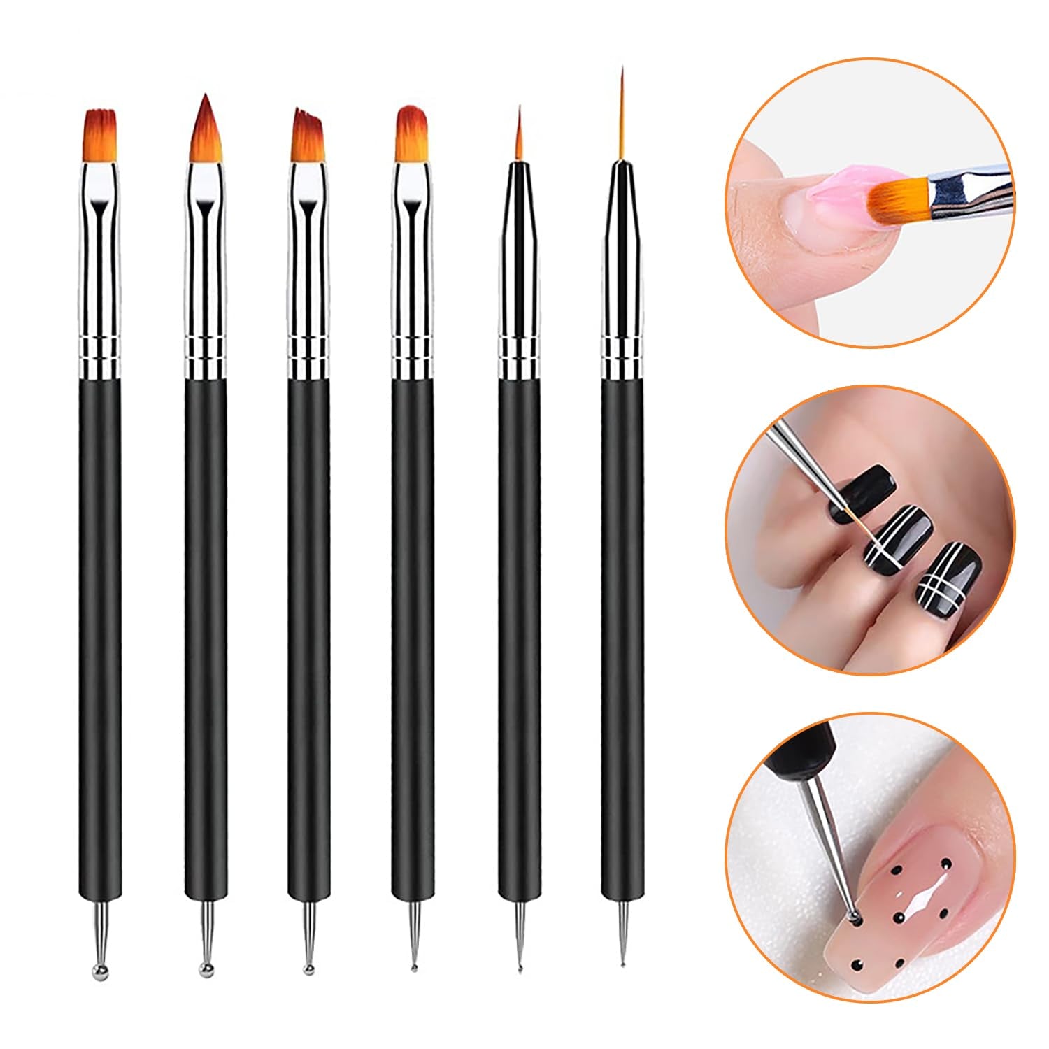 6 Stück Doppel-Ende Nagel Pinsel, Nageldesign Pinsel, Doppel-Ende Nail Art Pinsel Kit Professionelle Maniküre Werkzeuge Kit（Schwarz）