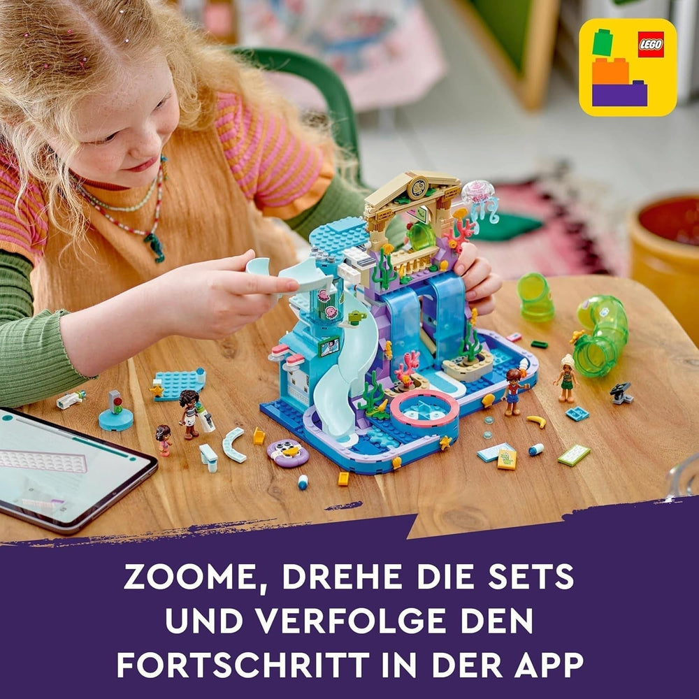 Parcul acvatic LEGO Friends Heartlake City, set de joacă în aer liber pentru fete și băieți cu vârsta peste 8 ani, experiență de joacă creativă cu 3 figurine, micro figurină, 3 tobogane și hidromasaj 42630 Seturi de constructie Besuche den LEGO-Store