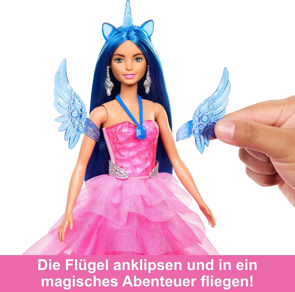Barbie O Magie Ascunsă - Păpușă cu Unicorn, rochie roz cu detalii albastru safir, bentiță de unicorn, aripi și coadă detașabile din safir, pentru copii cu vârsta de 3 ani și peste, HRR16