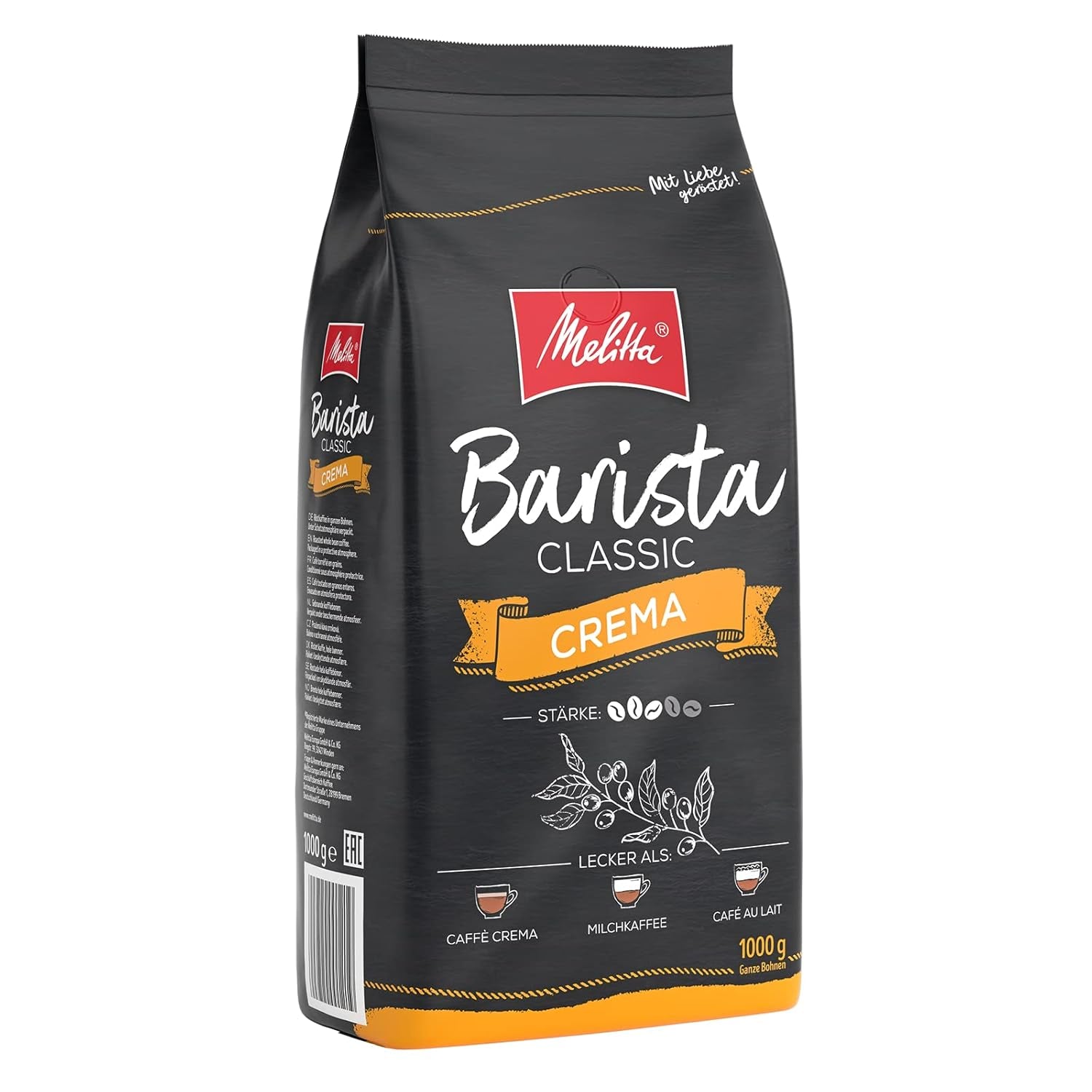 Melitta BellaCrema Speciale Boabe de cafea integrale 1kg, nemăcinate & Barista Classic Crema, Boabe de cafea integrale 1kg, nemăcinate, Boabe de cafea pentru aparate de cafea automate, prăjire medie, tărie 3