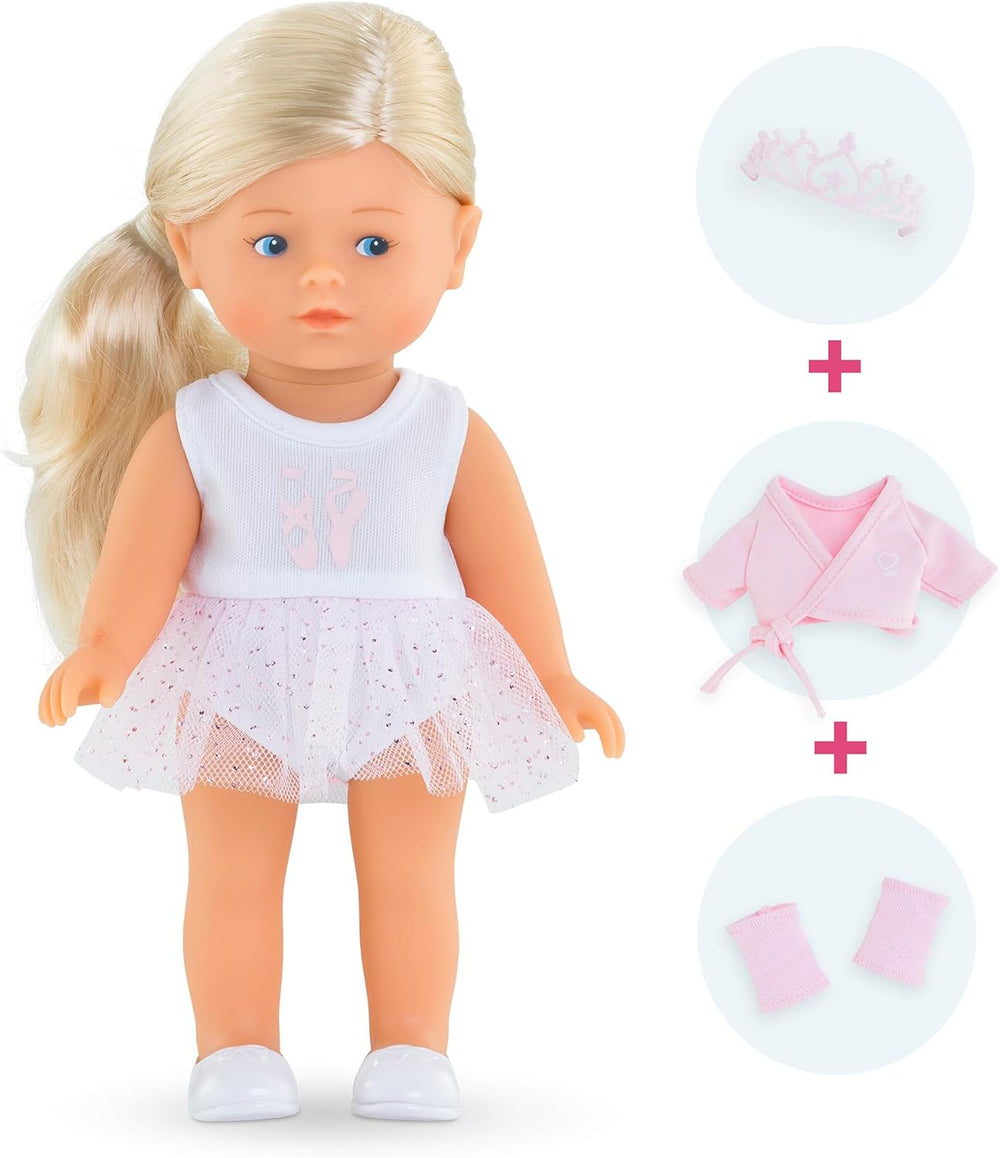 Les Trendies Mini Corolline Rosy Ballerina Set, Vollvinylpuppe mit langem Haar, extra Outfit in Geschenkbox, Vanilleduft, 20cm, ab 3 Jahren