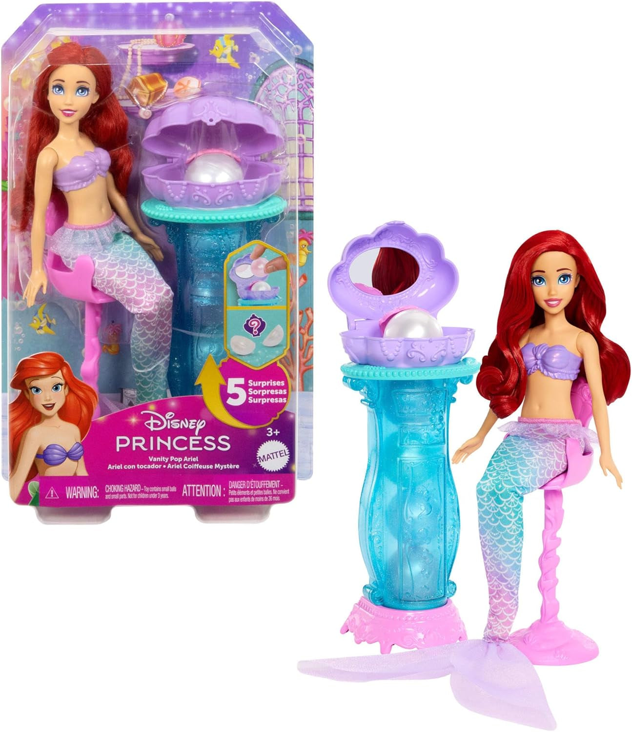 Jucării Mattel Disney Princess, Păpușă la modă Ariel Sirenă cu aripioară caudală detașabilă, Masă de toaletă cu 5 surprize pop-up repetabile și 5 accesorii, JBF86