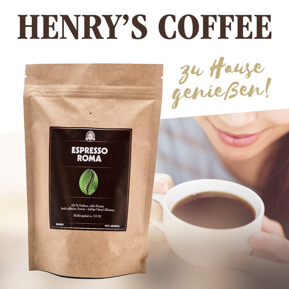 Henry's Espresso Roma 500g - prăjire ușoară - corp plin - aciditate scăzută - calitate rafinată - boabe de cafea direct de la fermier