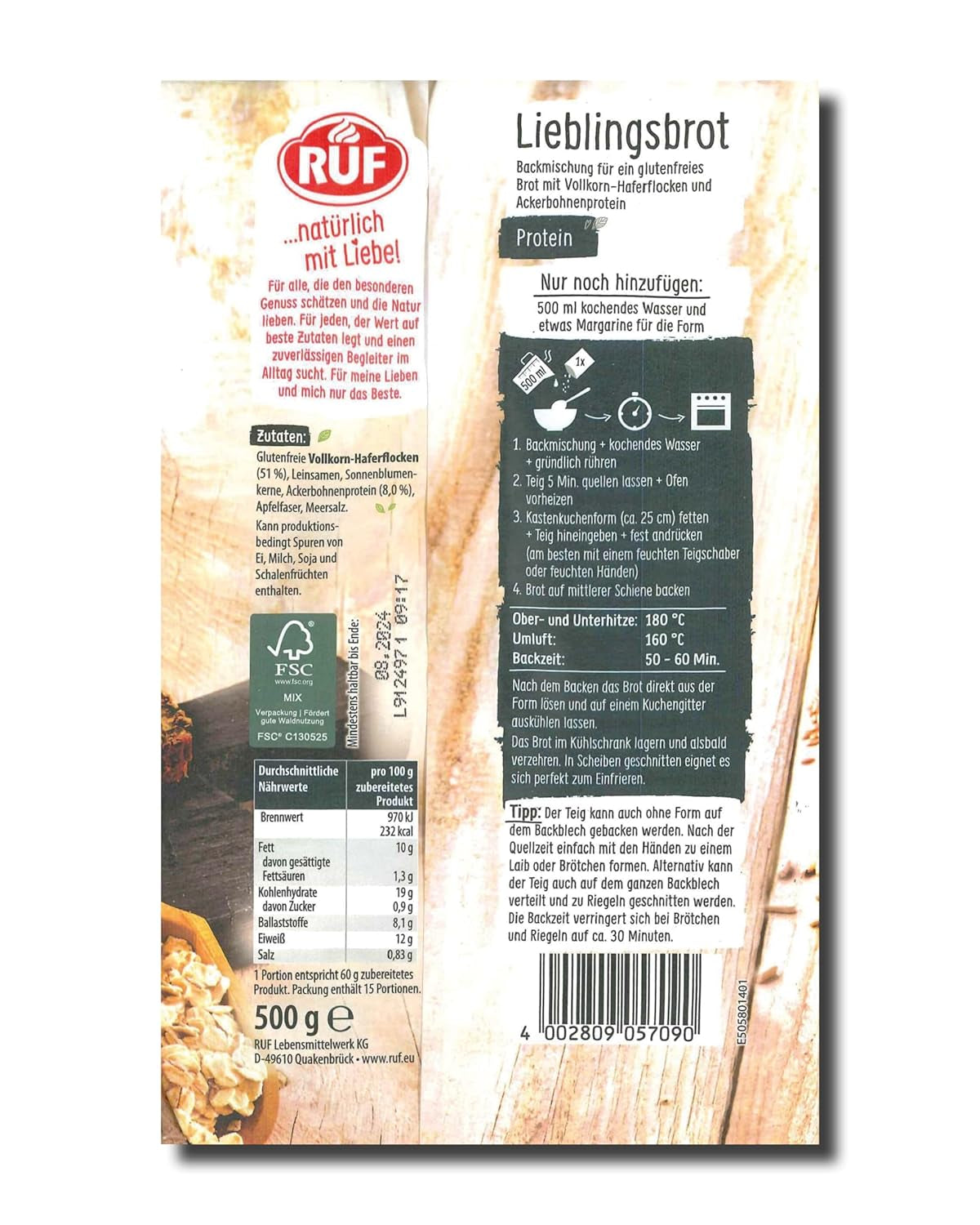 RUF Lieblingsbrot Protein, Brot-Backmischung, Brotmischung, Brotteig-Mischung, Proteinreiches Brot, Glutenfrei, Ohne Mehl & Hefe, 1 X 500G Naty Shop