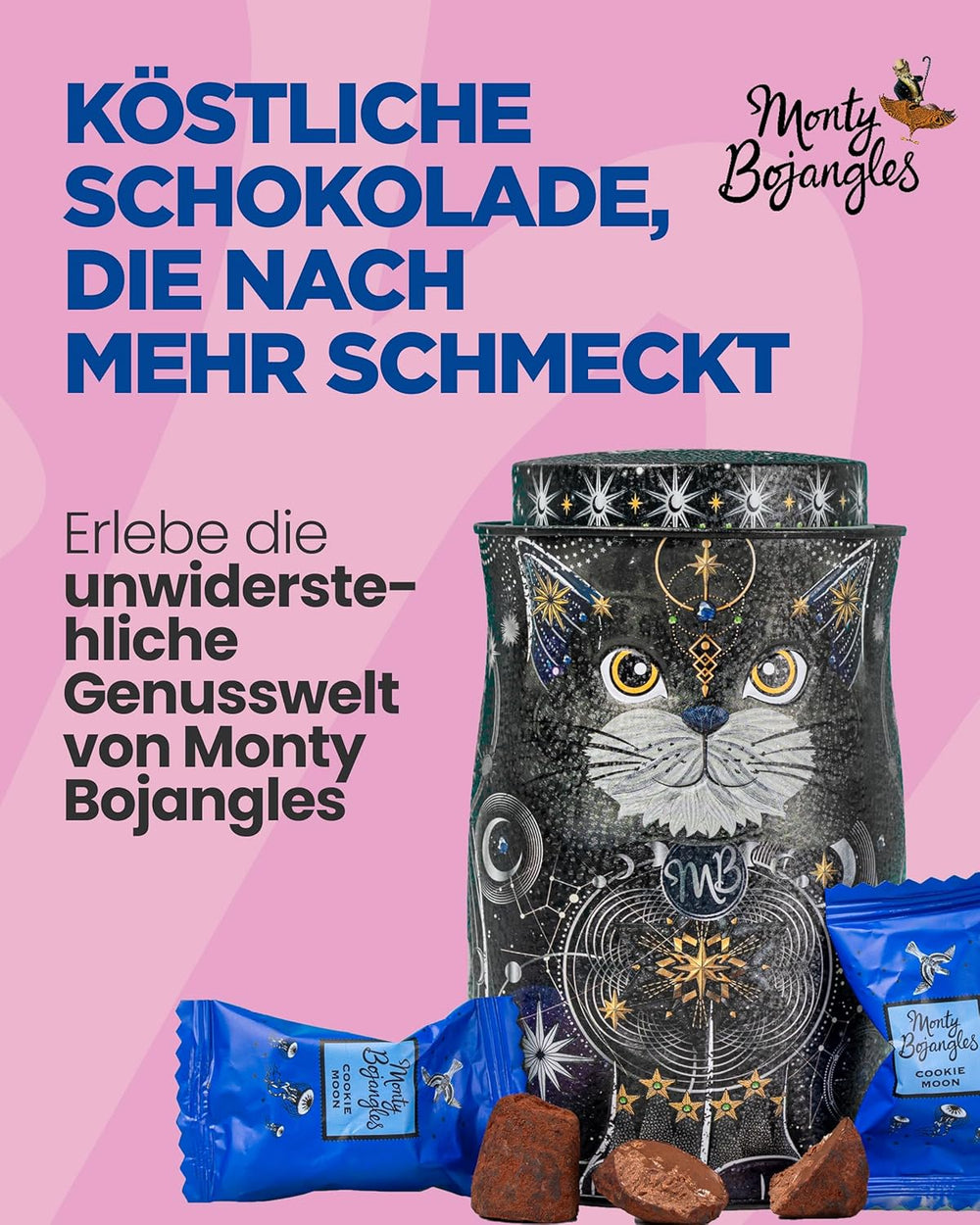 Trufe de ciocolată Monty Bojangles Savanna Gold (135g) pudrate cu cacao, praline, set cadou într-o cutie individuală de colecție cu design de pisică, aromă de scotch Flutter
