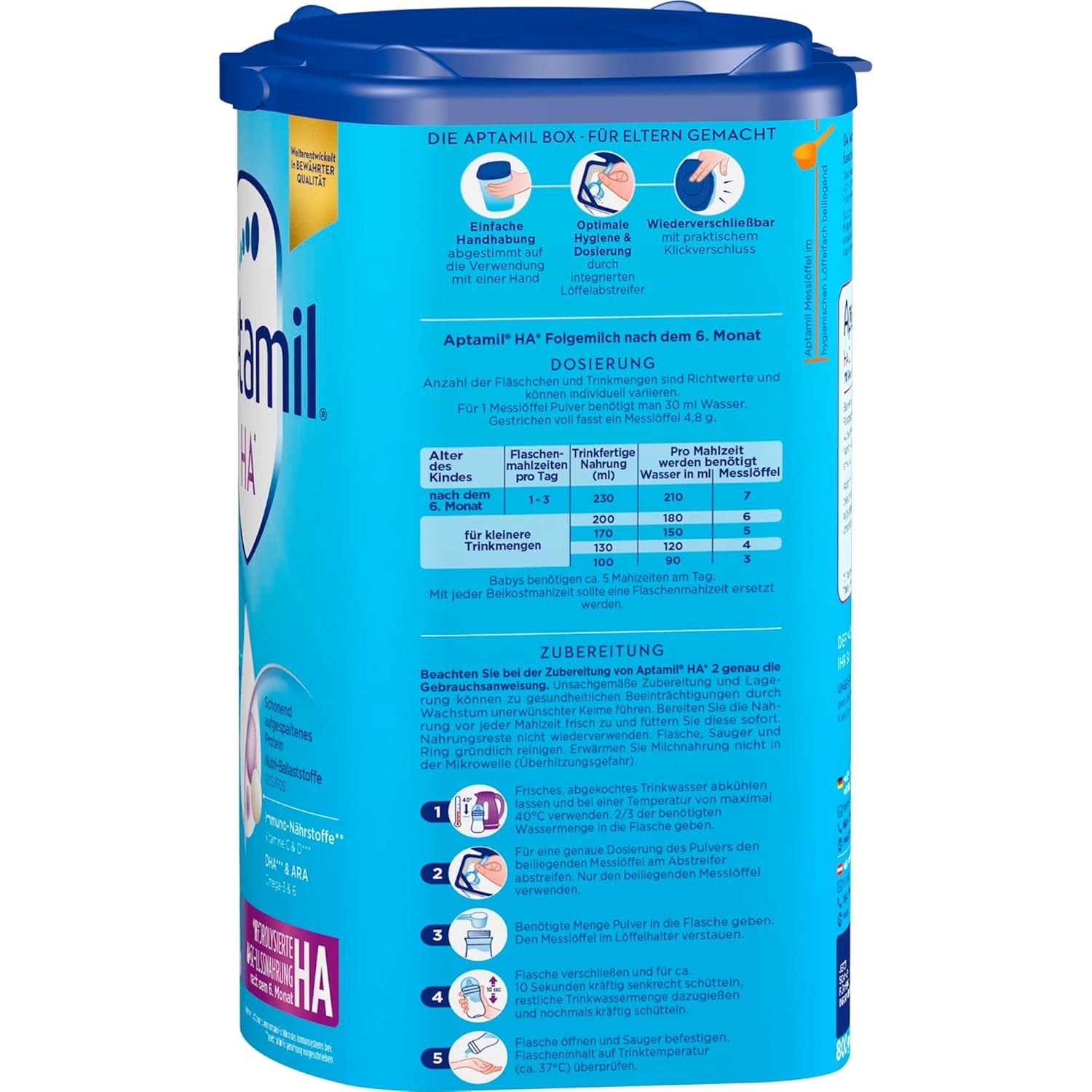 Aptamil HA 2 – Formulă de continuare după 6 luni, cu Omega 3 și 6, DHA, ARA și ALA, Fără lactoză, Fără ulei de palmier, Hrană pentru bebeluși, Lapte praf, 1 x 800g (Pachet de 4)