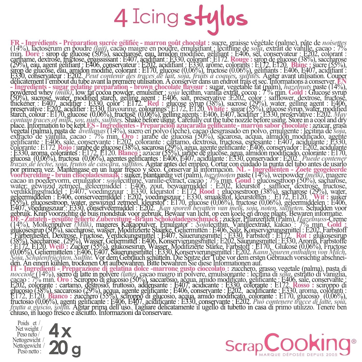 Scrapcooking – 4 markere pentru piese: auriu, ciocolatiu, alb și roșu – pixuri decorative comestibile pentru scris și desenat pe deserturi, prăjituri și biscuiți