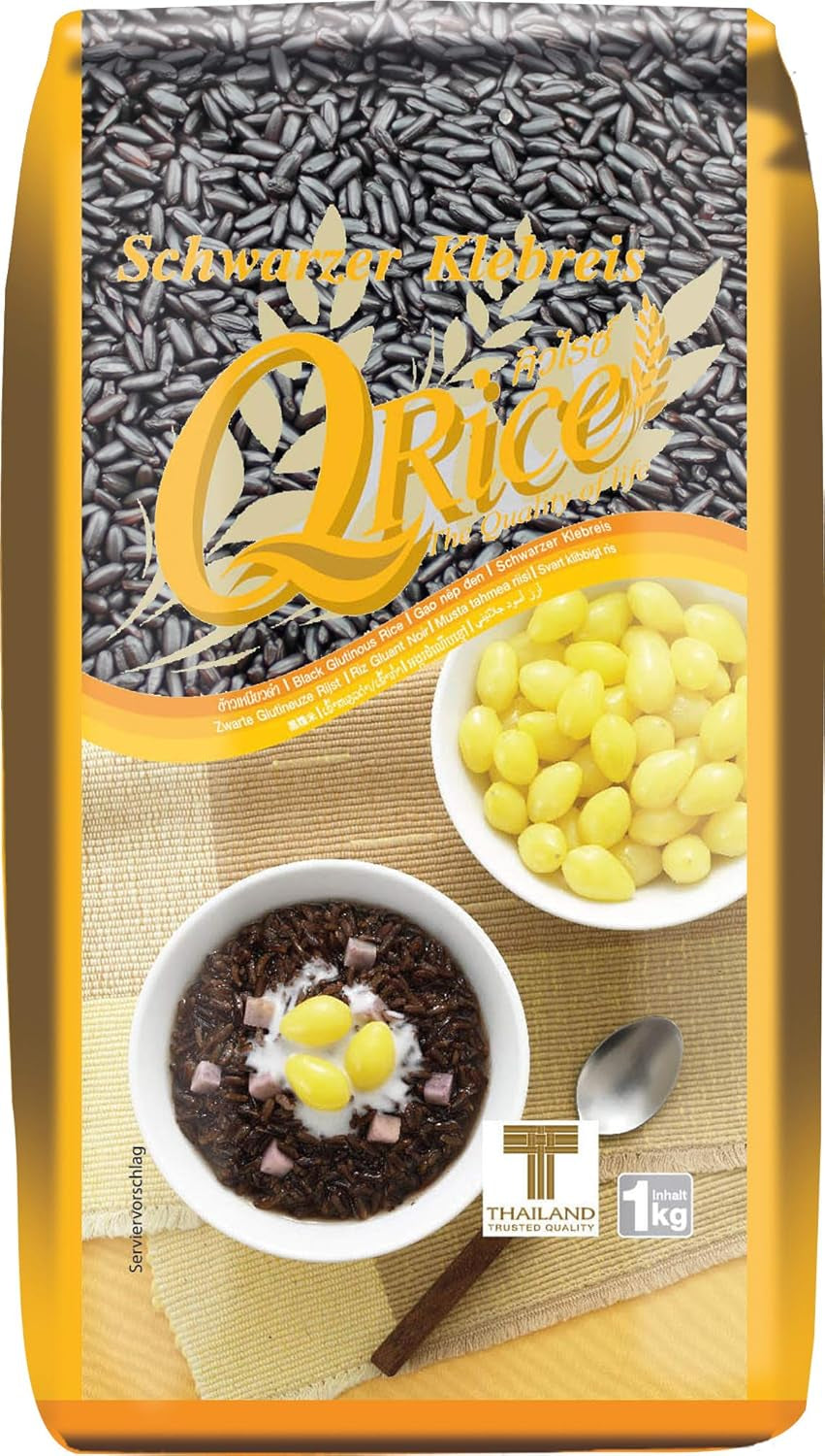 Q RICE | Orez lipicios negru cu bob lung din Thailanda | Aromatic cu o notă delicată de nucă | Ideal pentru curry, sushi și deserturi mochi | 1 x 1 kg