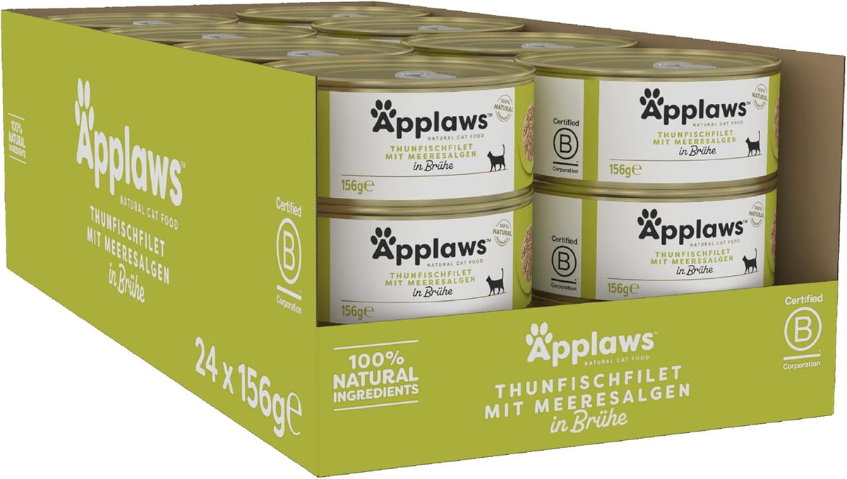 Applaws 100% natürliches Premium-Nassfutter für Katzen, Thunfischfilet mit Algen in Brühe - Packung mit 24 x 156g Dosen