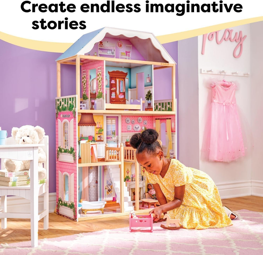 Casă de păpuși din lemn Kidkraft Charlotte cu mobilier și accesorii, casă de păpuși în stil clasic pentru păpuși de 30 cm, jucărie pentru copii de la 3 ani, 65956 Casute de papusi Naty Shop