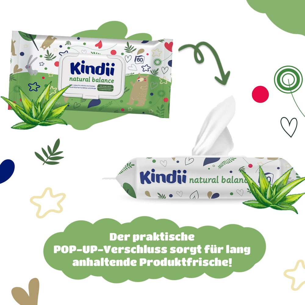 Șervețele umede Kindii Natural Balance pentru bebeluși – (1 x 60 buc.) Șervețele umede pentru bebeluși și copii – Protectoare, Aloe Vera, Parfum delicat – 60 buc.