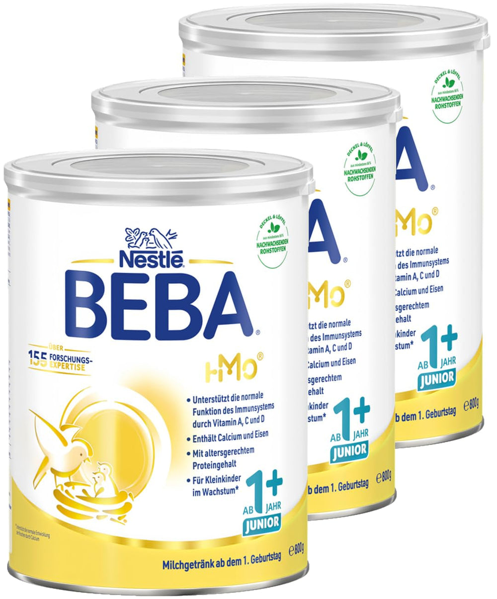 Băutură cu lapte BEBA Junior 1+ de la 1 an, Cu HMO, Conținut de proteine adaptat vârstei, Numai lactoză, Fără ulei de palmier, Fără ulei de pește, Hrană pentru copii mici, Lapte praf pentru bebeluși, Pachet de 3 (3 x 800g)
