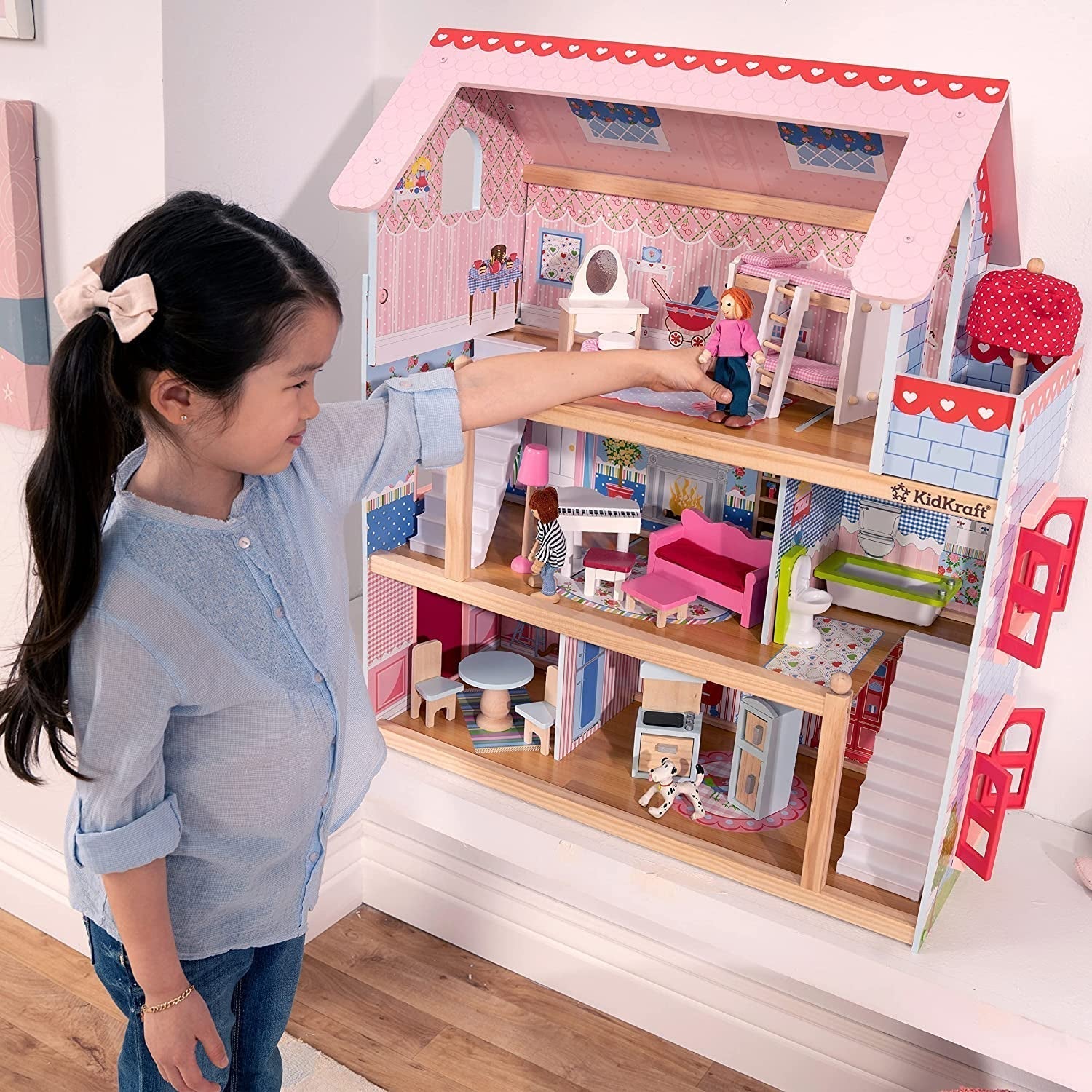 Kidkraft Dollhouse Chelsea din lemn cu mobilier și accesorii pentru mini păpuși, set de joacă pentru mini păpuși, jucărie pentru copii de la 3 ani, 65054, exclusiv la Amazon Casute de papusi Naty Shop