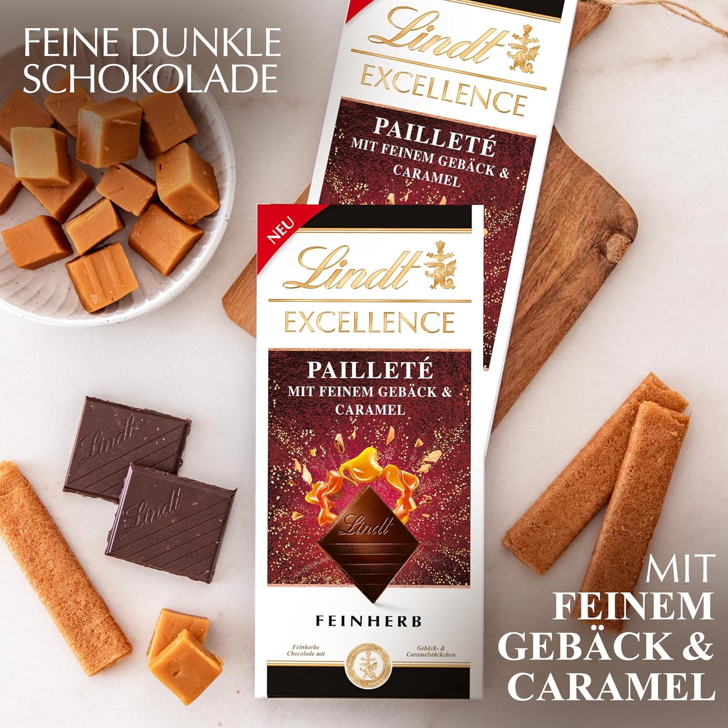 Lindt EXCELLENCE Bucăți De Aluat Cu Paiete Și Caramel - Ciocolată Neagră Fină Cu Aromă Intensă De Cacao