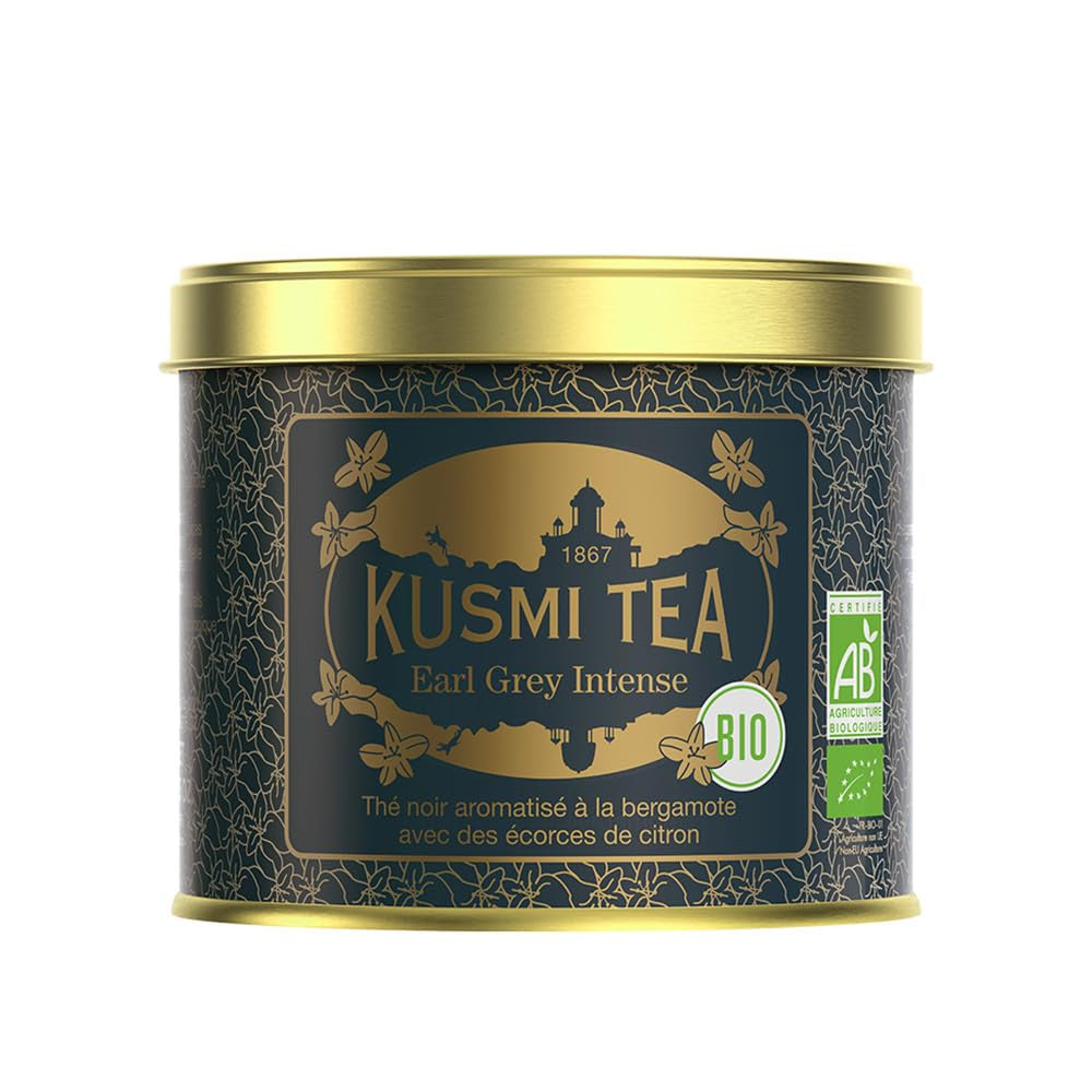 Kusmi Tea - Earl Grey Intense - Ceai negru Earl Grey organic cu bergamotă puternică și lămâie picantă - Ceai vrac - Cutie metalică de 100 g - Cantitate pentru aproximativ 50 de cești