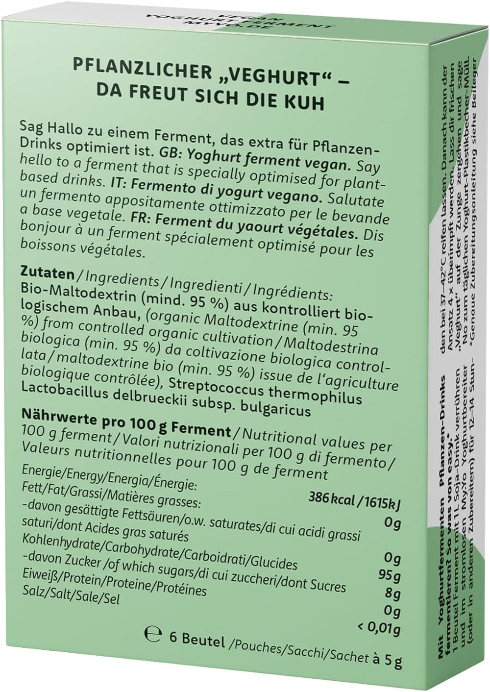 Bio Joghurtferment Vegan – 6x5 g – Starterkulturen für 30 L pflanzlichen Joghurt – ohne tierische Zusätze – DE-ÖKO-013 zertifiziert