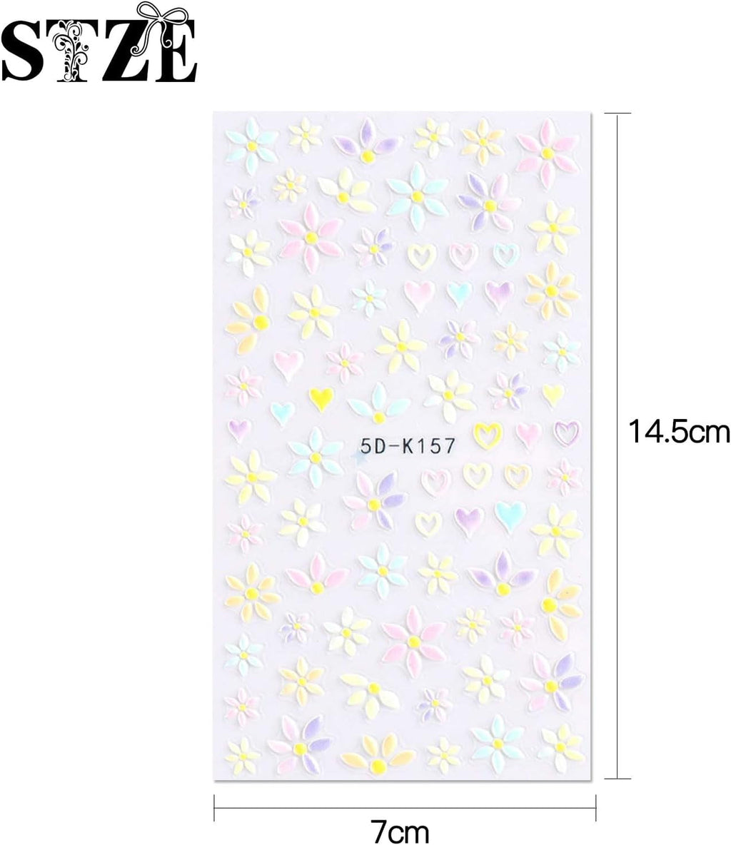 JMEOWIO 3D Nagelsticker Frühling Blumen 5 Blatt Nagelaufkleber 5D Stereoskopisch Selbstklebend Bunte Blüte Nail Art Sticker Dekoration Nageldesign Zubehör