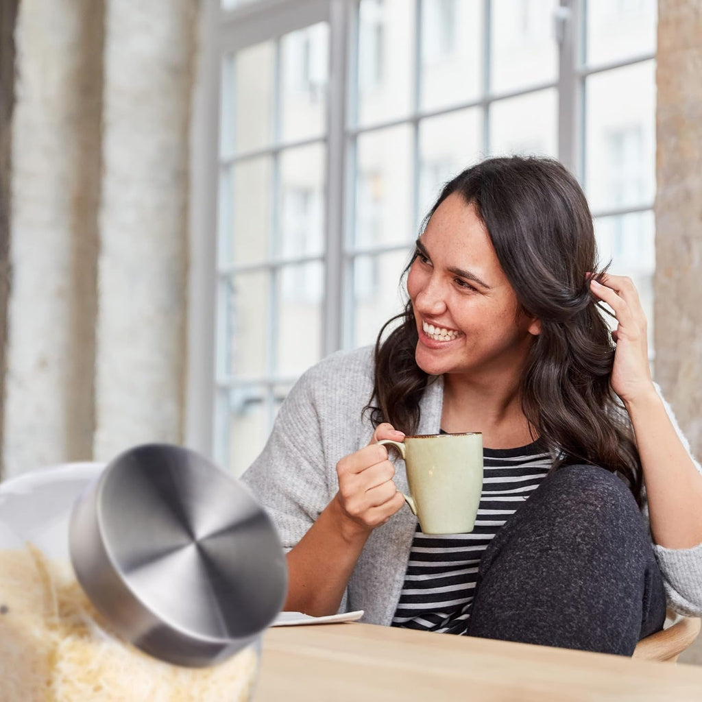 Borcane de bomboane Relaxdays, set de 4, 1,5 l, borcane de depozitare pentru dulciuri, alimente, bar de bomboane, capac din oțel inoxidabil, clar, transparent argintiu Cutii depozitare alimente Naty Shop