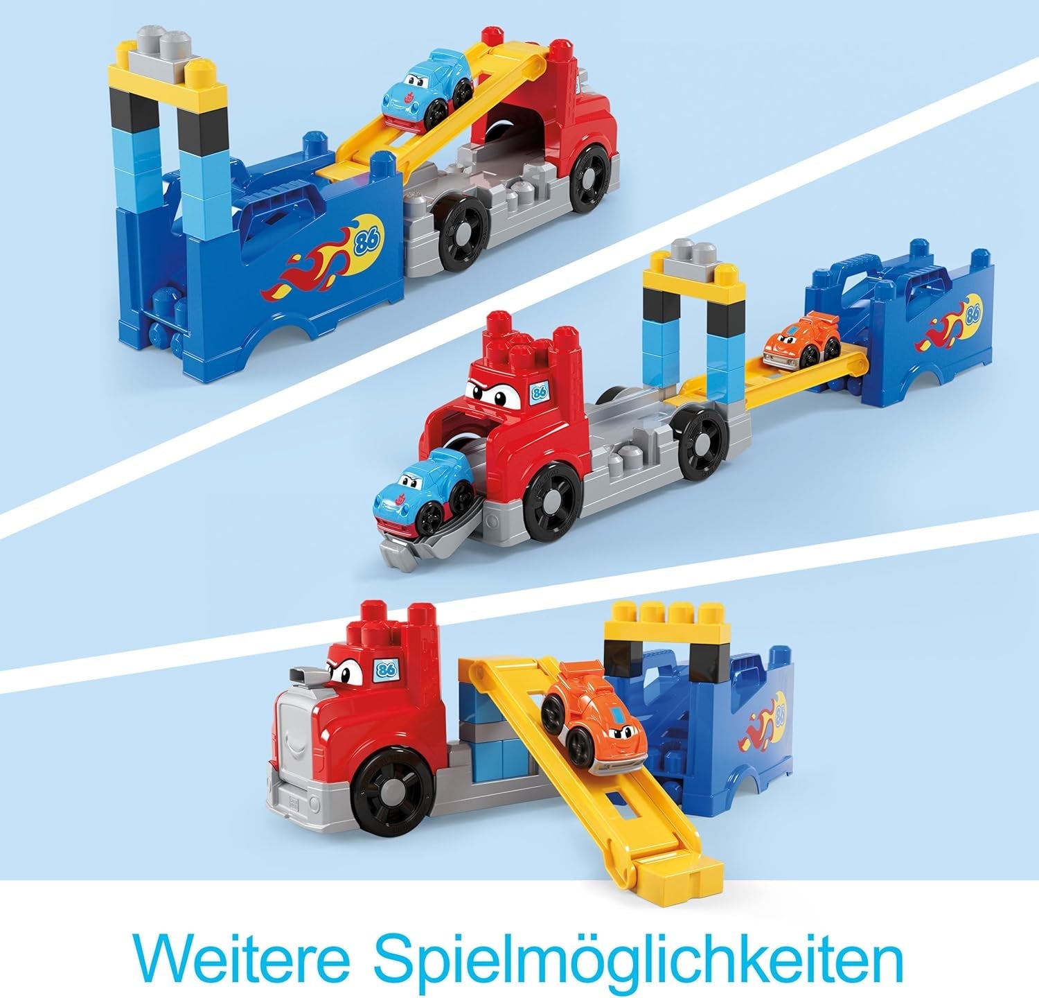 MEGA BLOKS-Bausteine Bausteinset für Kleinkinder, Fast Tracks Rennwagen-Transporter mit 19 Teilen, 2 Rennautos und Aufbewahrung, rot, ab 1 Jahr, JFR29