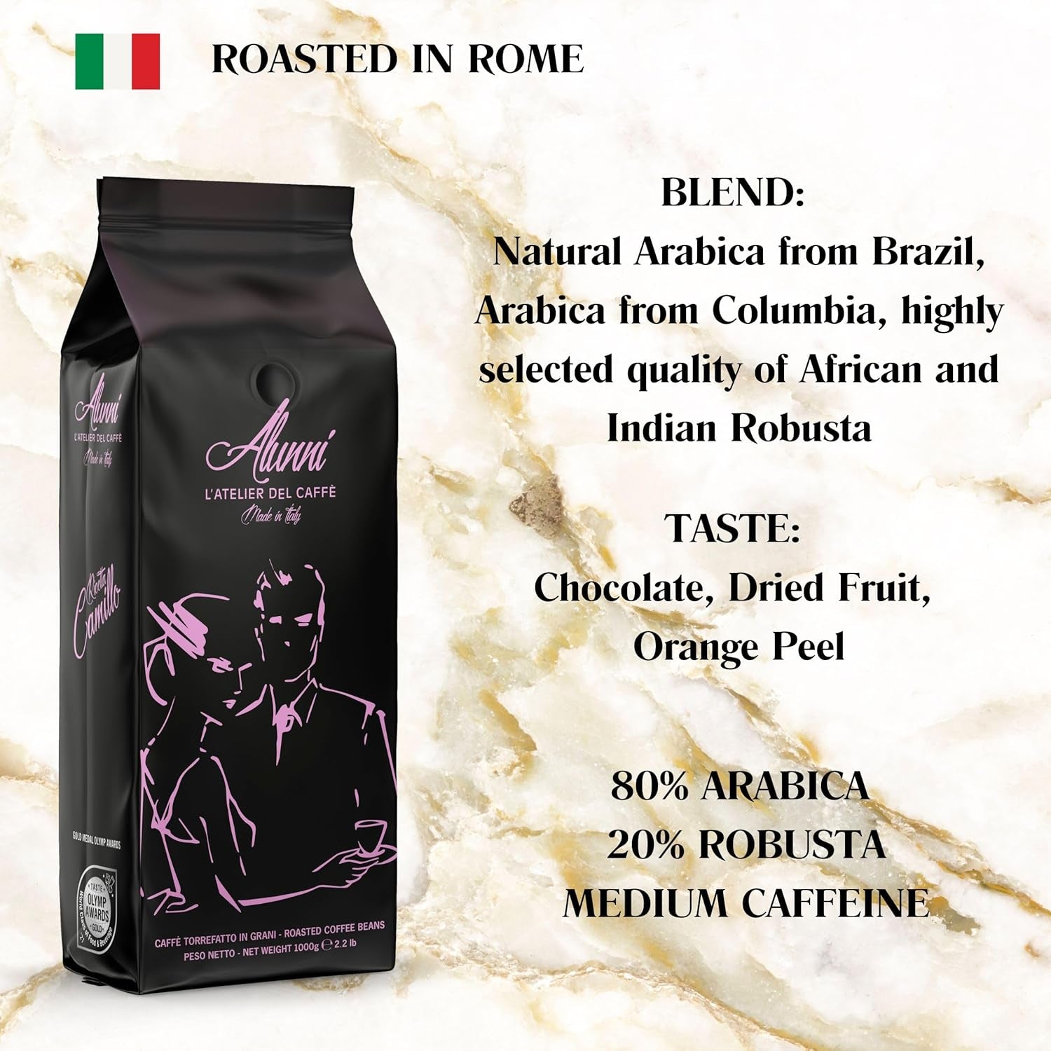 Ganze Kaffeebohnen, mittelgeröstet, Espresso, beste Crema, 1 kg, authentisch italienisch, Premium-Qualität, überlegenes Aroma in allen Kaffeemaschinen, blaues Etikett, 20 % Arabisch, 80 % Robusta,