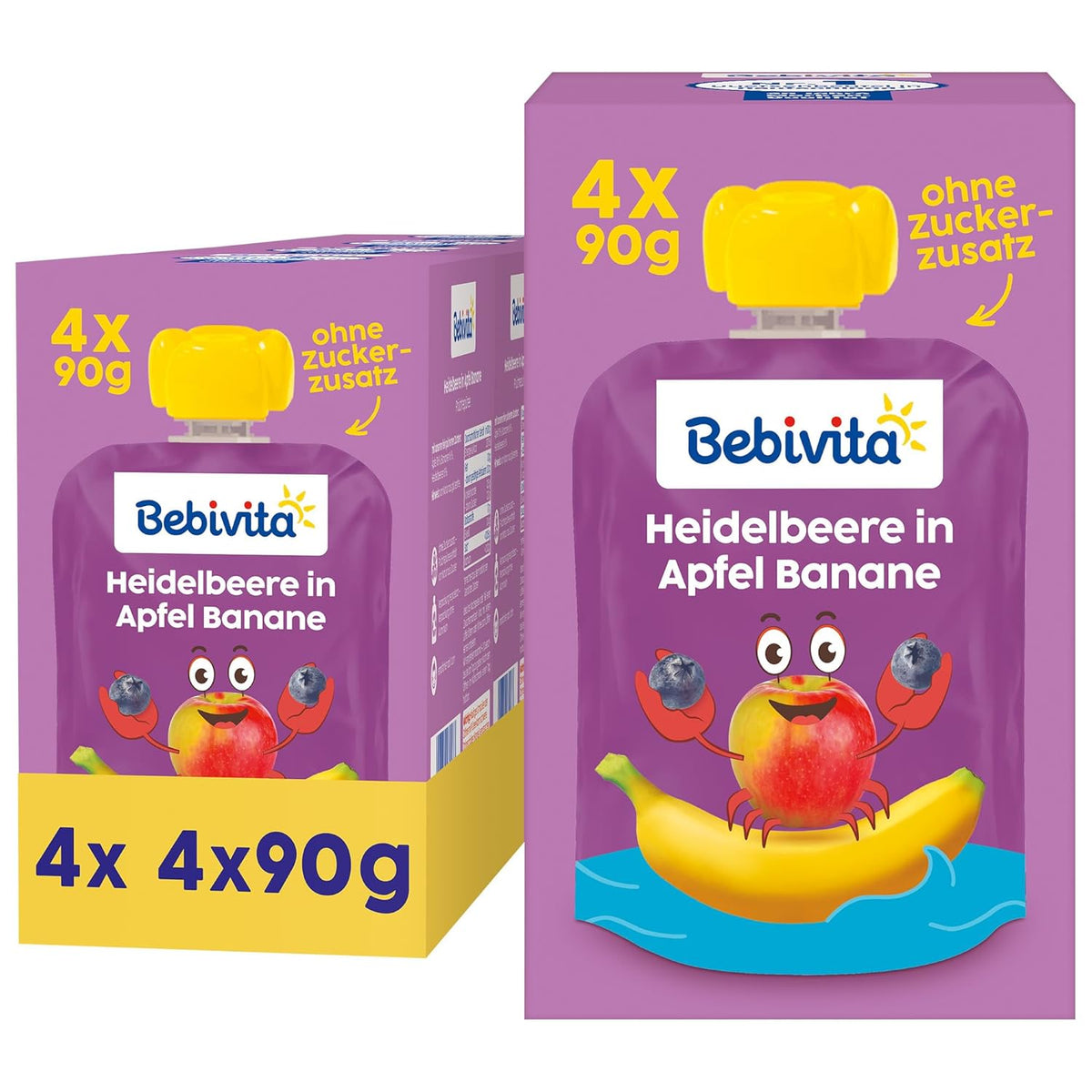Pliculețe stoarcibile cu afine, măr și banane – 16 bucăți (4 pachete, 4 x 90 g fiecare), fără zahăr adăugat, fără gluten, ideale pentru gustări la pachet și pentru luate în voie
