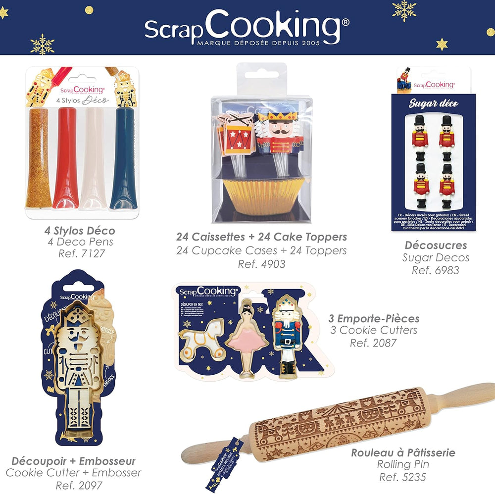ScrapCooking - Set Forme de Biscuiți + Mașină de Gofrare Spargător de Nuci din Lemn – Formă de Biscuiți de Crăciun din Oțel Inoxidabil pentru Biscuiți în Relief – Accesoriu Formă de Coacere Sablată – Culoare Aurie – 2097
