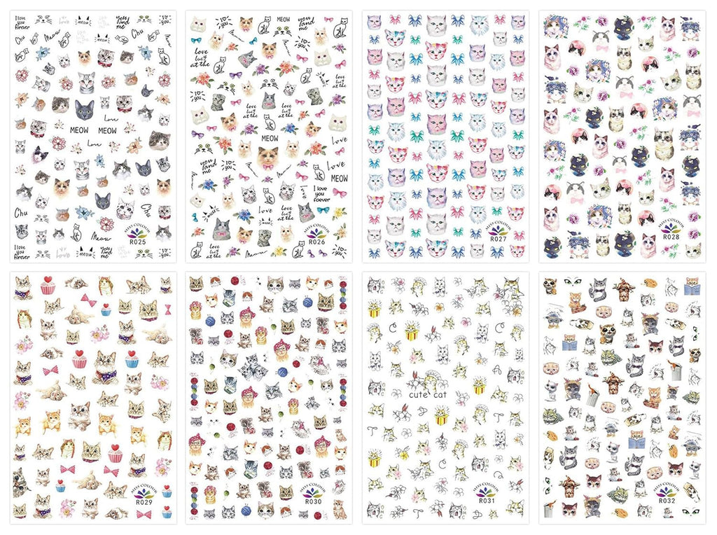 JMEOWIO Nagelsticker Tierische 8 Blatt Nail Art Sticker Selbstklebend Nagelaufkleber Katze Niedlich Dekoration Nageldesign Zubehör