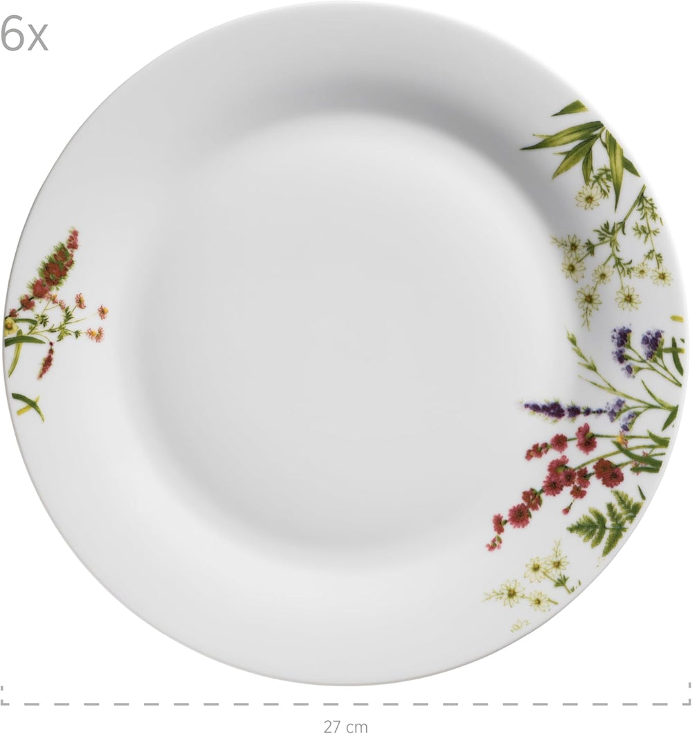 Mäser Herbal Garden, set de veselă pentru 4 persoane, format din 18 piese, cu design floral detaliat, inclusiv farfurii de cină, farfurii de supă și farfurii de desert, porțelan, alb