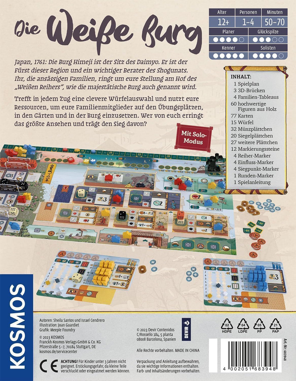 KOSMOS 683948 Castelul Alb, La Curtea lui Daiymo, joc de strategie cu un mecanism special de zaruri, joc de societate pentru 1-4 jucători cu vârsta de 12 ani și peste, joc pentru cunoscători