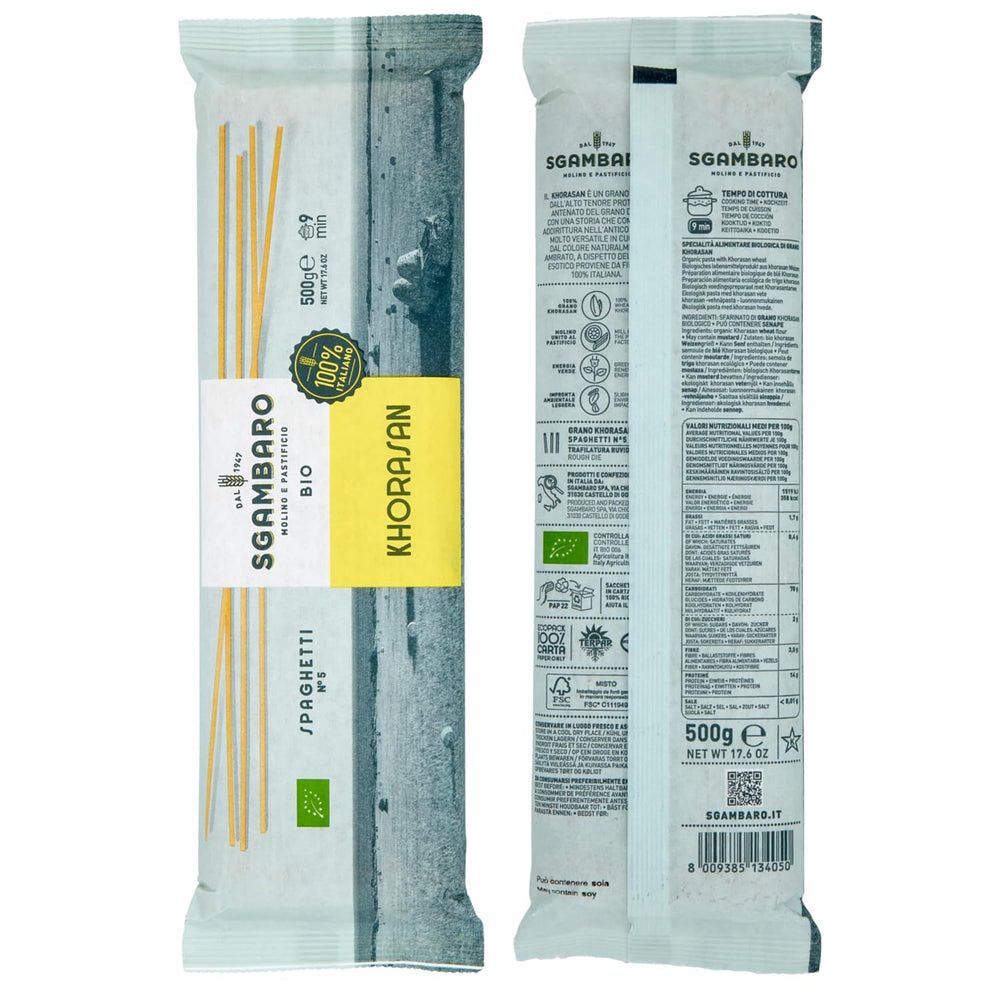 Paste spaghete organice nr. 5 - 500 g din grâu Khorasan – Grâu antic, bogat în proteine, cultivat 100% italian – Versatile în bucătărie și bogate în nutrienți