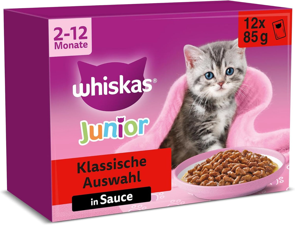 Hrană umedă pentru pisici Whiskas Junior Classic Selection în sos, 48 de pliculețe, 12 x 85 g (pachet de 4) – Hrană umedă de înaltă calitate pentru pisici în creștere, de la 2 la 12 luni