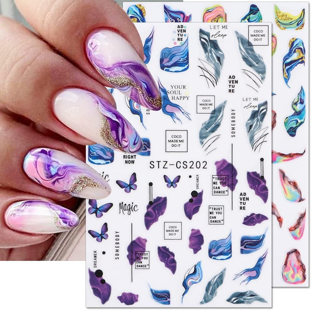 6 Blatt 3D Lila Schmetterling Nagelstickers Selbstklebend Nagelaufkleber Schmetterlinge Nail Sticker Bunte Blühen Marmor Nagel Stickers Regenbogen Welle Linien Nail Art Aufkleber Nageldesign Zubehör