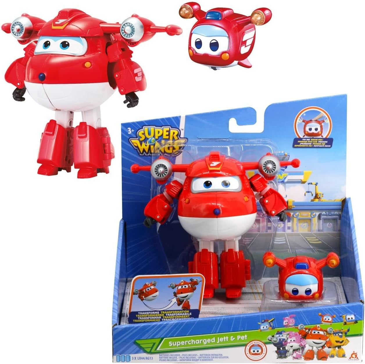 Super Wings EU770447 - Transforming Tino & Pet, figură de joacă transformabilă cu înălțimea de aprox. 14,5 cm și animal de companie cu înălțimea de aprox. 4,3 cm, pentru copii cu vârsta de peste 3 ani Action figures Naty Shop Jett Pet