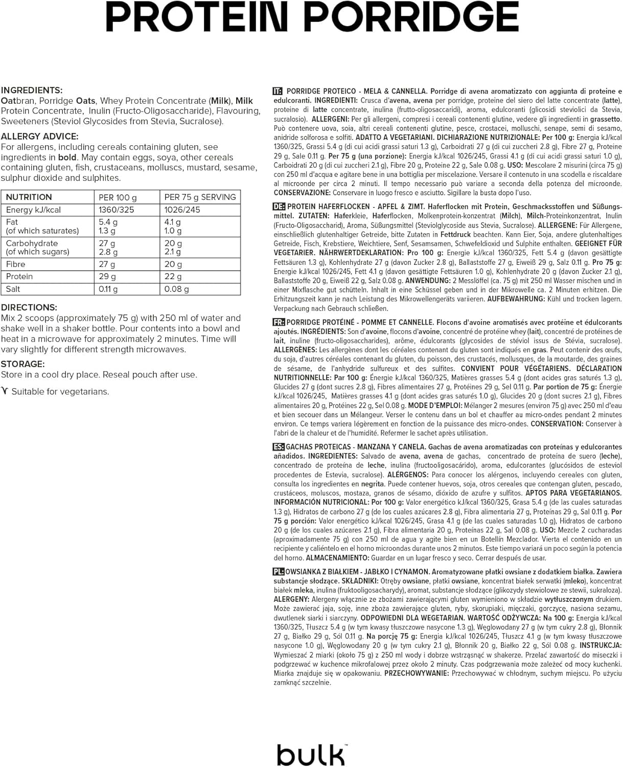 Fulgi de ovăz proteici completi, fulgi de ovăz cu conținut ridicat de proteine, zer, conținut ridicat de fibre, terci proteic, măr-scorțișoară, 2,5 kg