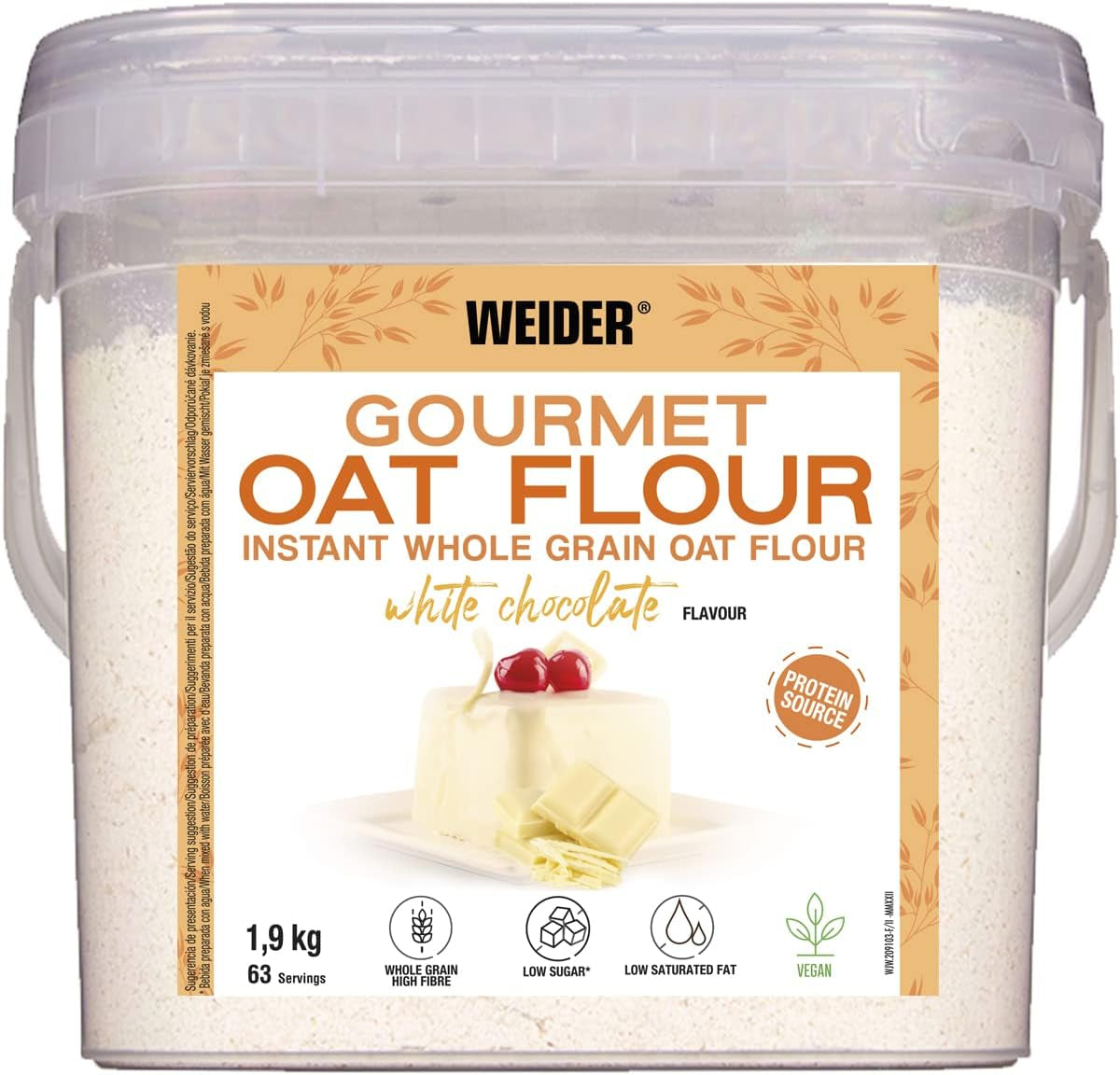 Făină de ovăz Weider Gourmet (1,9 kg) aromă de brownie. Fulgi de ovăz integrali. Sursă de proteine cu conținut scăzut de zahăr.