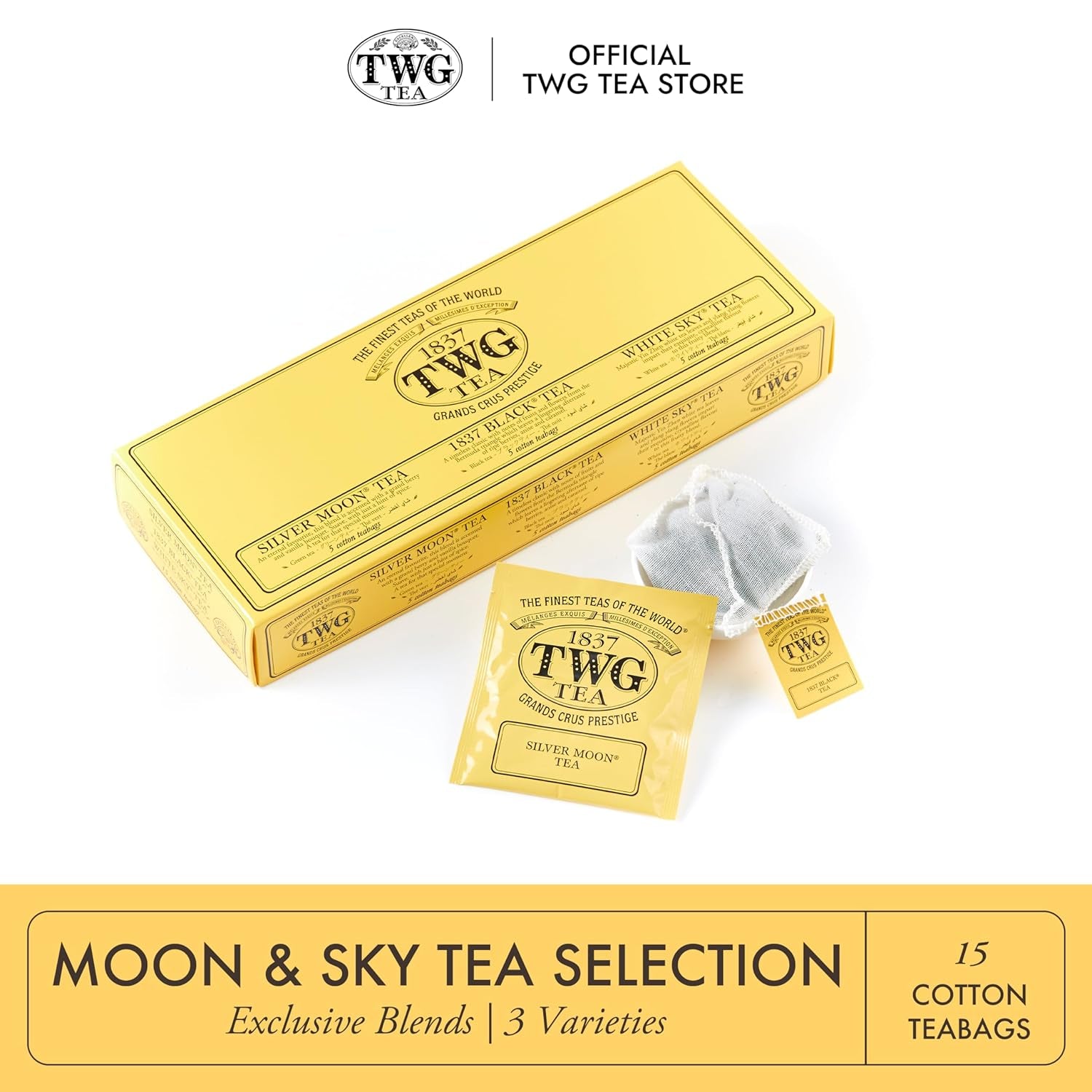 TWG Tea | Moon &amp; Sky Selection | Cutie de ceai cu 3 sortimente | 15 pliculețe de ceai cusute manual din bumbac | Set cadou