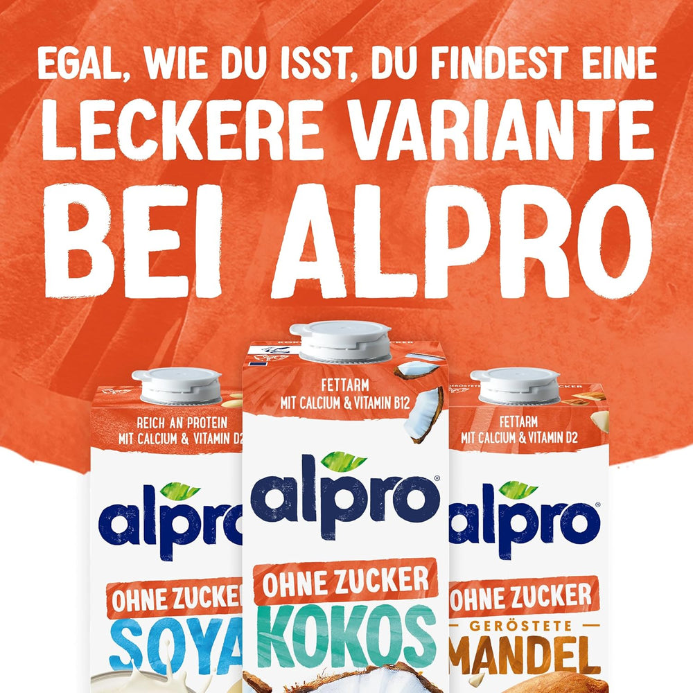 Alpro Kokosnussdrink ohne Zucker – Ohne Süßstoffe – Vegan und milchfrei – Von Natur aus laktosefrei und fettarm – Reich an Calcium und Vitaminen – 8 x 1 L