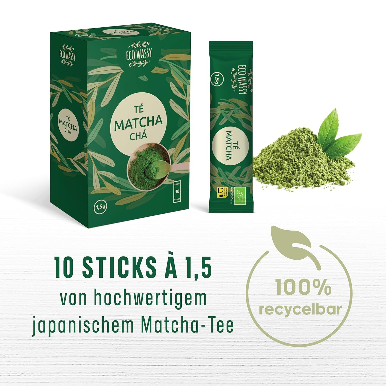Ceai Matcha japonez certificat. 100 de cutii, calitate ceremonială. 100 de stickuri individuale pentru transport ușor. Pudră Matcha 100% naturală. Reducător, detoxifiant și antioxidant. (100 stickuri