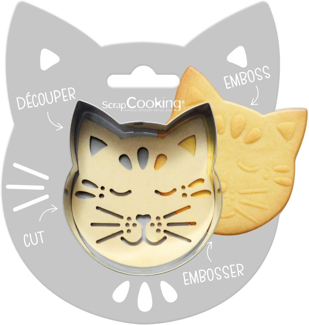 ScrapCooking - Katze Ausstecher & Stempel Set - Katze Ausstecher für Plätzchen, Kekse, Fondant - Edelstahl Ausstecher & Holz Stempel - Backform Zubehör Tieren Ostern Geburstag Deko - 2093