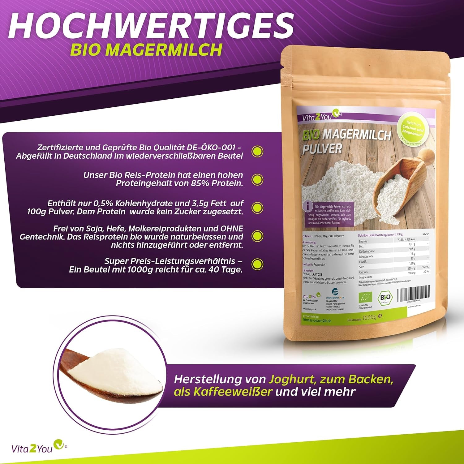 Vita2You Bio Magermilchpulver 1000g - 100% Bio Qualität - zum Backen - Kaffeeweißer - Milchpulver für Joghurts - 1kg - Premium Qualität