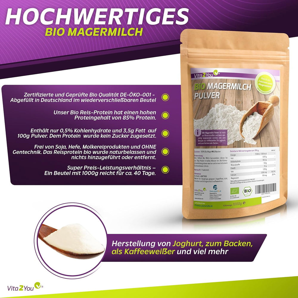 Vita2You Bio Magermilchpulver 1000g - 100% Bio Qualität - zum Backen - Kaffeeweißer - Milchpulver für Joghurts - 1kg - Premium Qualität