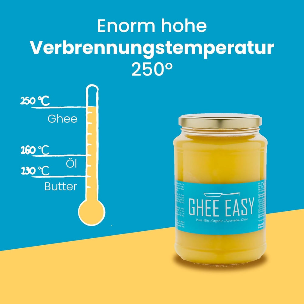 Ghee Easy 850g Ghee Bio von Grasgefütterten Kühen - Ghee Butter ohne Zusatzstoffe - Zertifiziert Organisch & Biologisch - Hochreines Ayurveda Ghee ohne Laktose und Gluten - 100% Europäisch