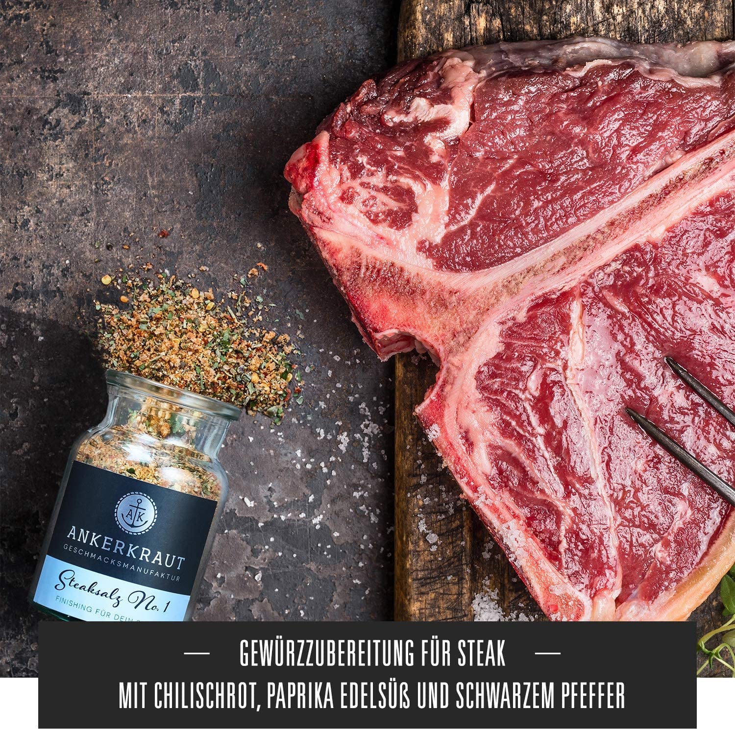 Ankerkraut Steaksalz No. 1, das pefekte Finisher- und Steakhouse-Salz, 80g im Korkenglas