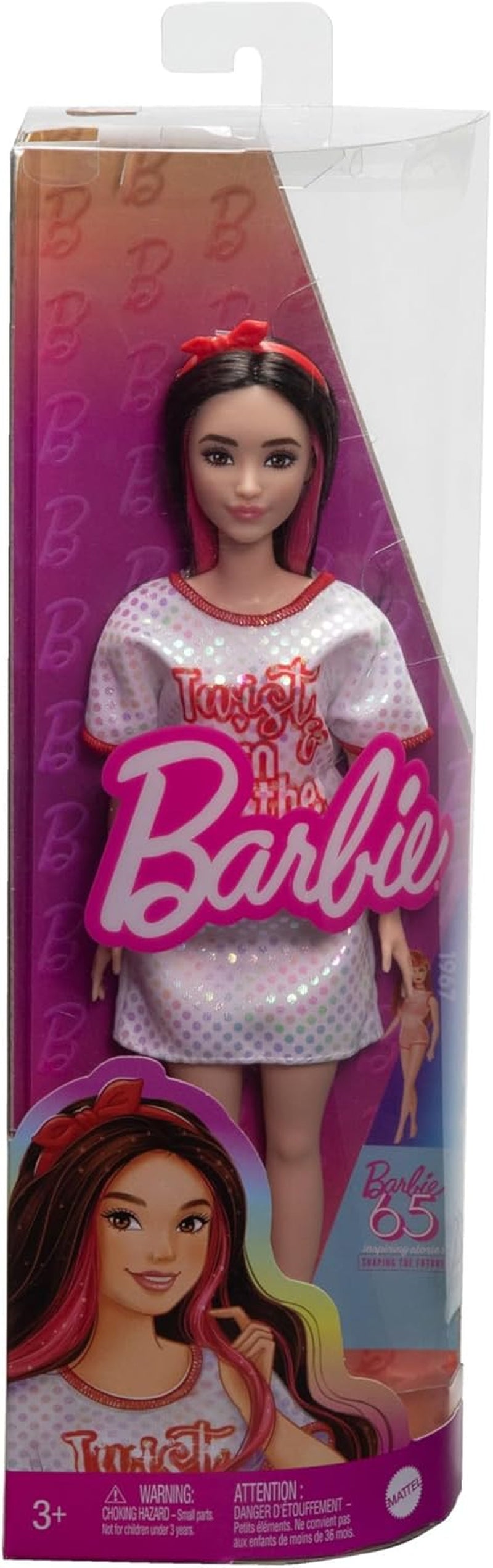 Barbie Fashionistas Puppe Nr. 214 mit schwarzem, gewelltem Haar, Twist ’n Turn-Kleid und Zubehör, Modepuppe zum Sammeln anlässlich des 65. Jubiläums, HRH12
