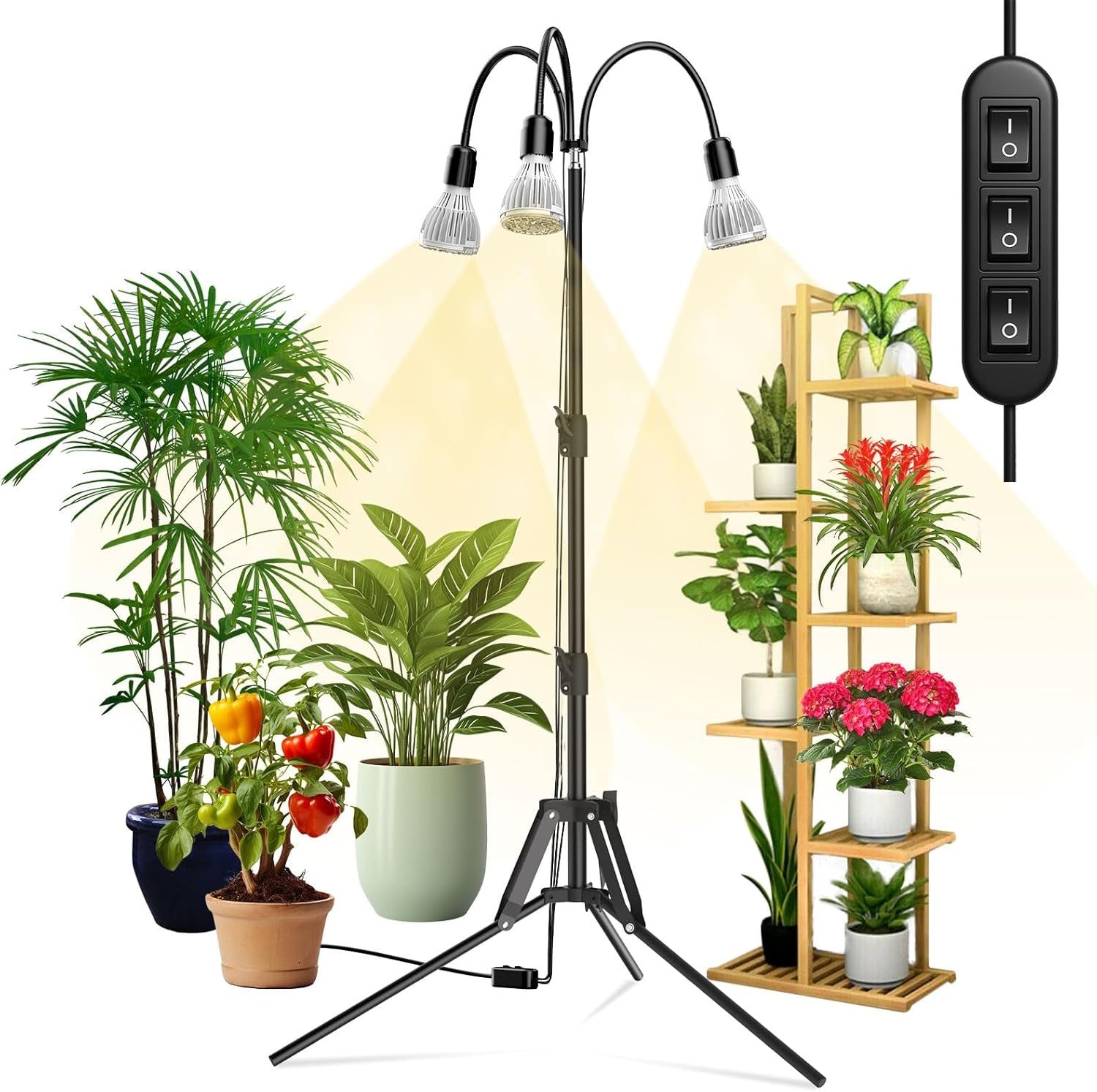 Lampă LED SANSI pentru plante cu spectru complet, 125W, cu lumină reglabilă, cu telecomandă pentru creșterea plantelor, înălțime reglabilă 120-180cm, temporizator 4/8/12 ore, 4 niveluri de luminozitate